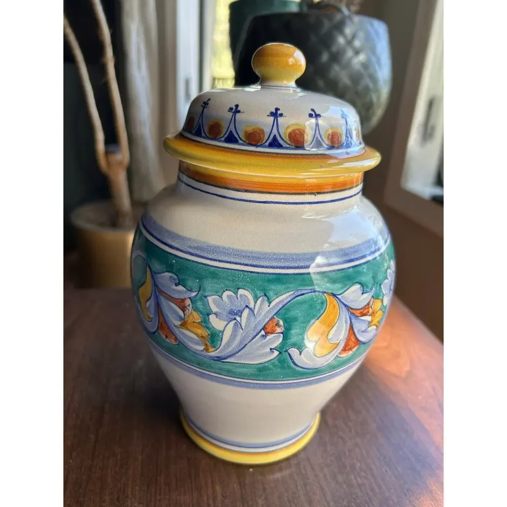 Vintage 1980s Lidded Majolica Canister Handmade Italy